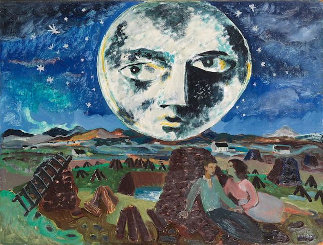 A large harvest moon with a human face watches over a harvest scene - against a hay stack two lovers nestle, a ladder leans against another stack. The land is peaceful in the blue starry night.