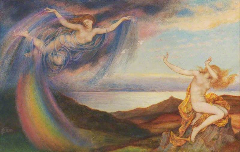 A goddess spreading the rainbow appears to terrify a woman sitting on a rock. The frightened woman is shielding her eyes from the rainbow goddess and twisting her body.