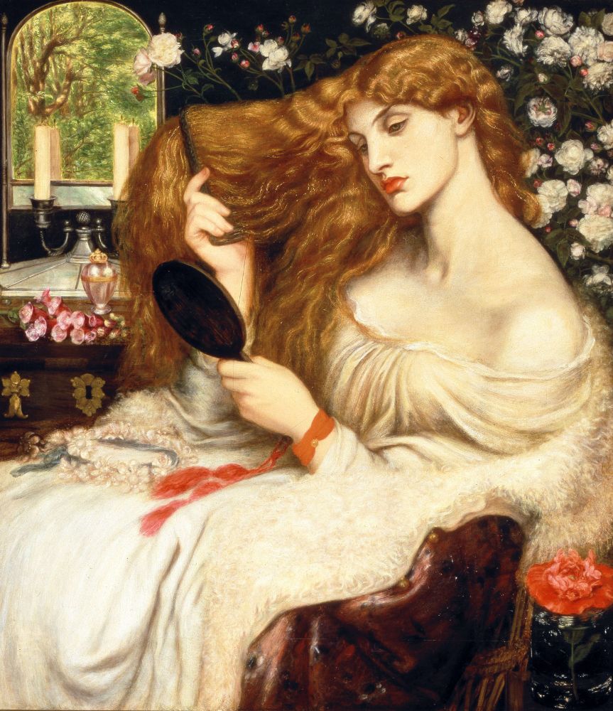 Pre-Raphaelite painting showing a red haired Lilith brushing her hair and gazing into a mirror, in a room filled with roses.

