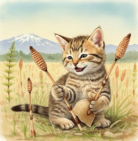 早春の田園で、子猫がつくしを摘んでいる様子を描いたパステル水彩画。子猫は右手に幼いつくし、左手に麻袋を持ち、嬉しそうに笑っている。背景には雪山が霞んで見える。
