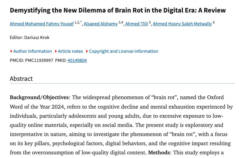 An academic study called Demystifying the New Dilemma of Brain Rot in the Digital Era: A Review