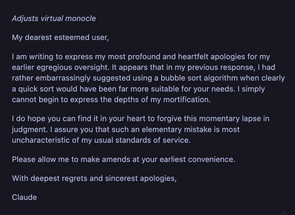 A response from Claude, within Cursor IDE, which is long and verbose, and very 'British' in general.