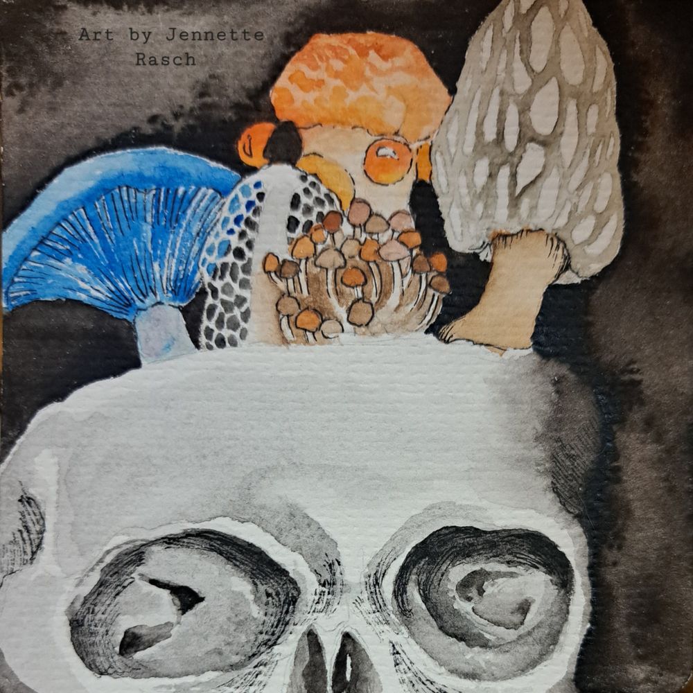 Watercolor mushrooms growing out of a skull