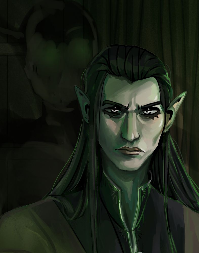 A regal, frowning elf with a dark shapeless figure behind him. OC belongs to lelvenlock on instagram