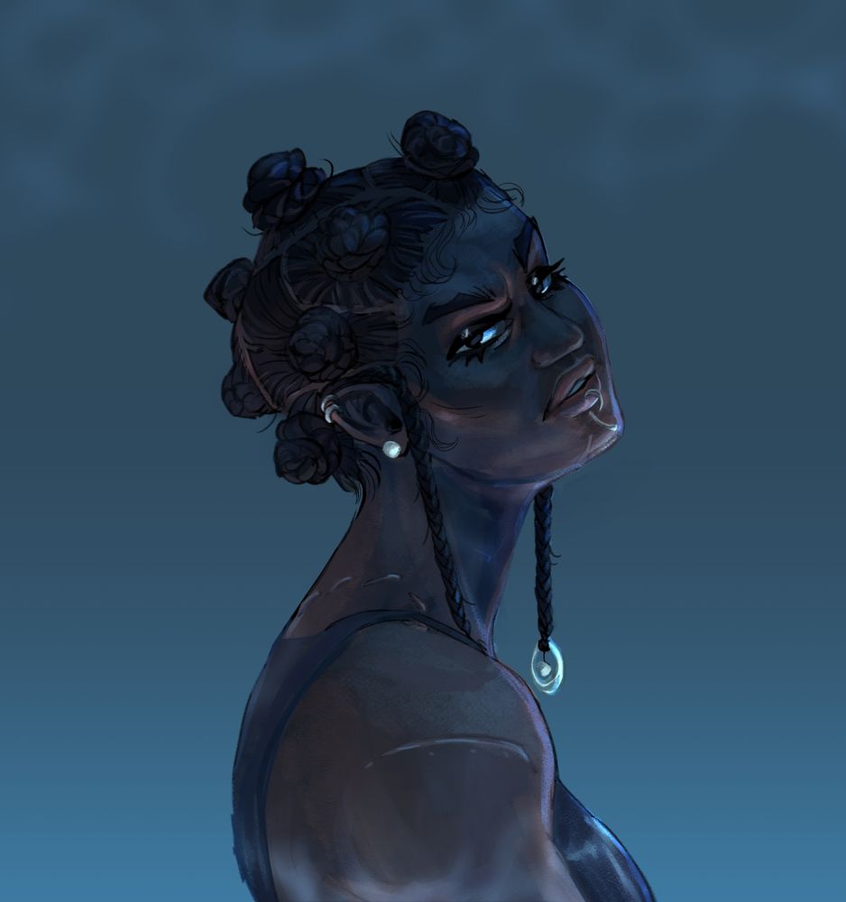 A scarred caribbean woman with bantu knots and a silver bangle hanging from her hair stares over her shoulder at the viewer. The lighting gives her the appearance of being underwater.