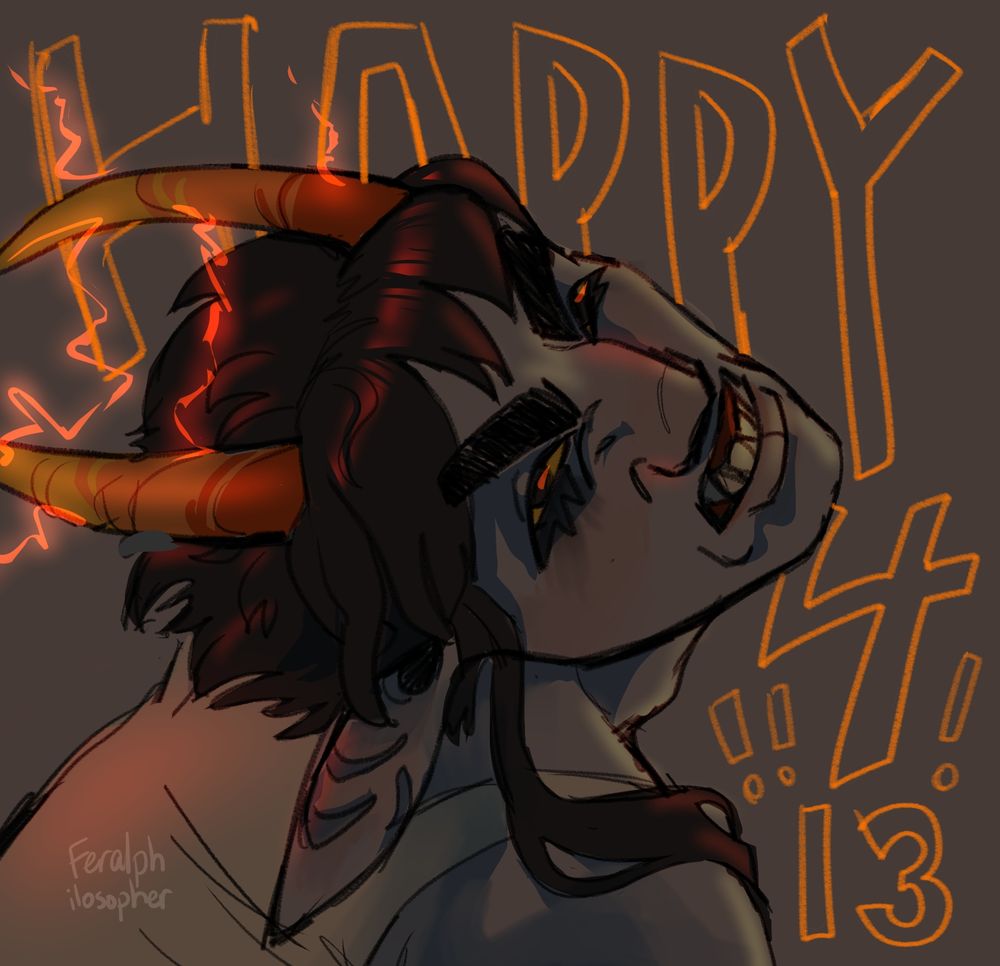 A snarling grey-skinned troll with red-orange electricity radiating from his candy colored horns. The character is Saldre Mandra, an old troll OC of mine. Text in the background says HAPPY 413!!!