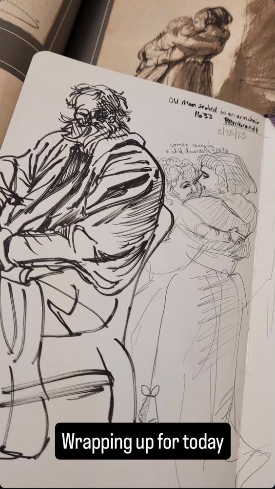 Pen and pencil studies of an old man with a bushy beard seated in an armchair, and a woman carrying a small child. Text onscreen reads Wrapping up for today