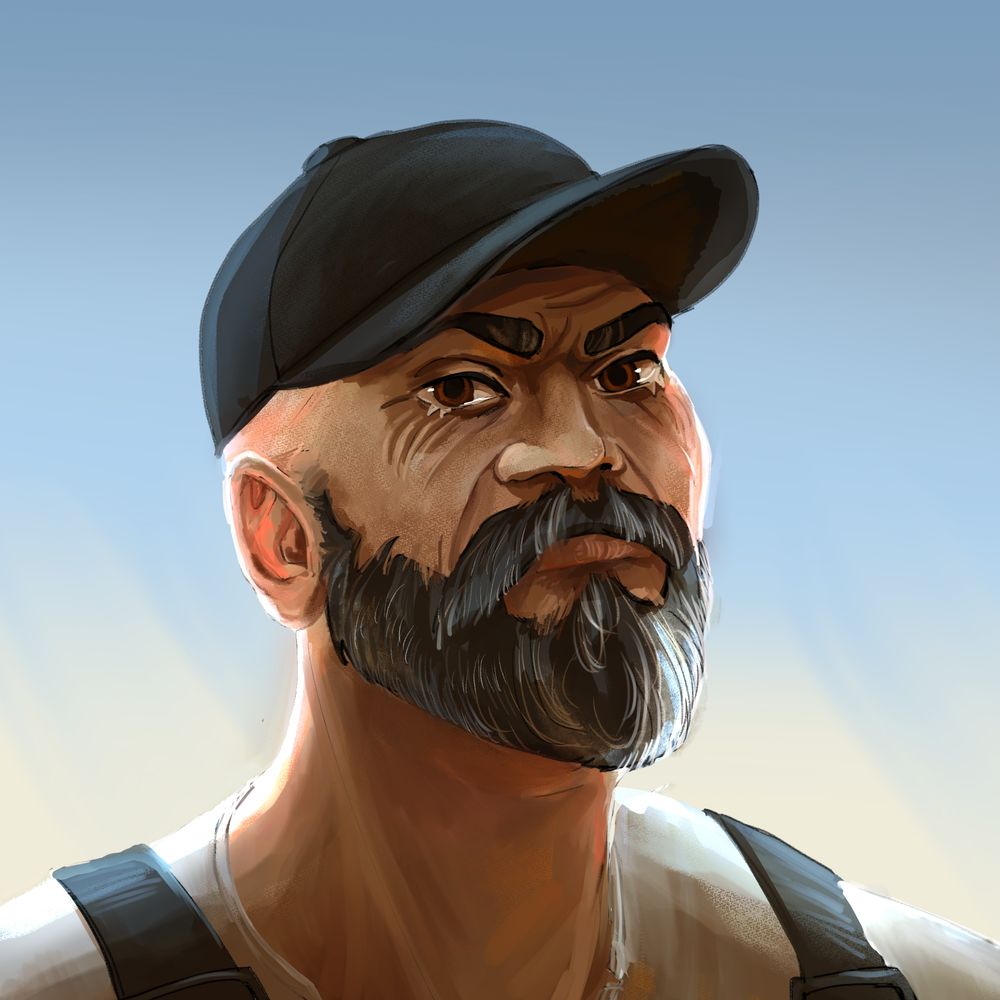 A digital painting of an older white male with a large black and white beard and a black baseball cap stares defiantly at the viewer.