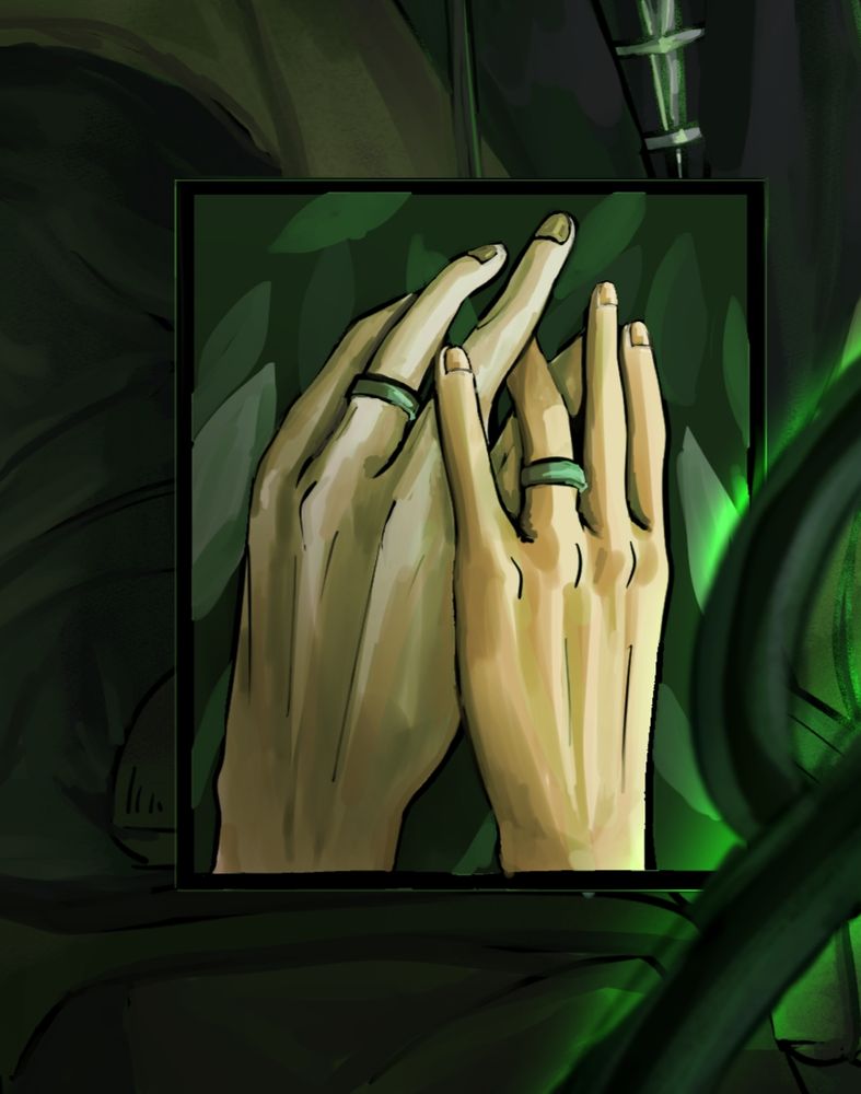 A pair of hands are entwined with weddings rings