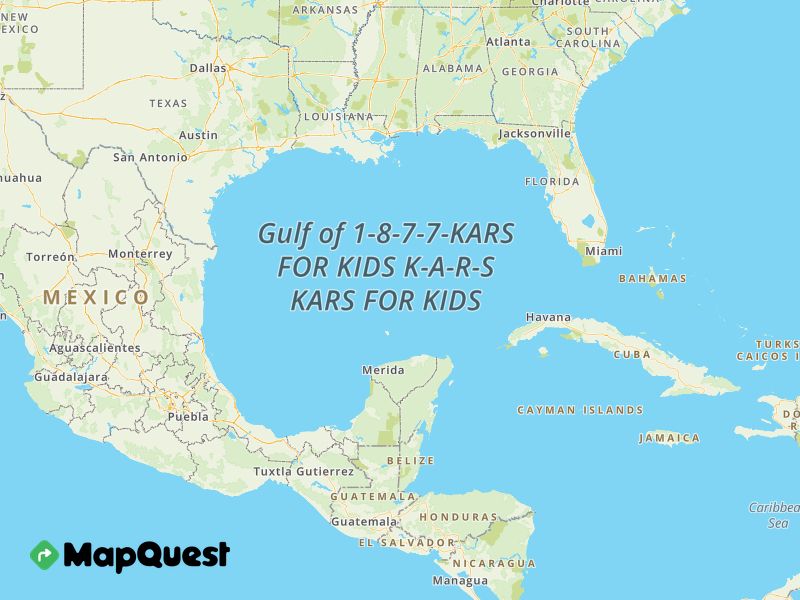 A map of the Gulf of Mexico, but the Gulf of Mexico is called the Gulf of 1-8-7-7 KARS FOR KIDS K-A-R-S KARS FOR KIDS