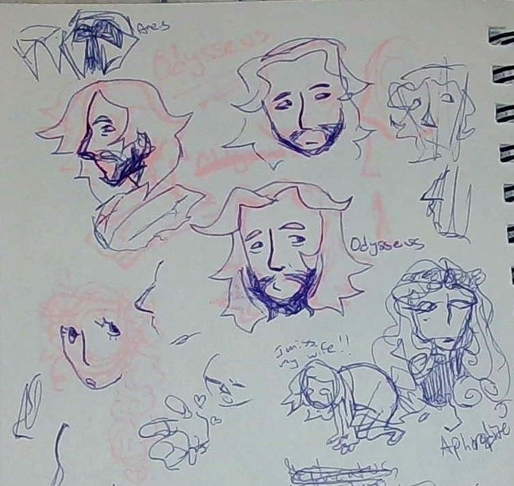 A page of a traditional sketchbook filled with messy doodles of Odysseus  and Aphrodite