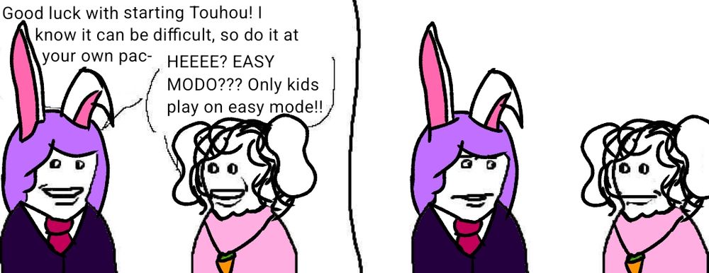 Reisen and Tewi over the "bro visited his friend" comic

In the first panel, Reisen says "Good luck with starting Touhou! I know it can be difficult, so do it at your own pac-" only to be interrupted by Tewi, who says "HEEEE? EASY MODO??? Only kids play on easy mode!!!"

On the second panel, Reisen stares confused at Tewi, who stares back at her