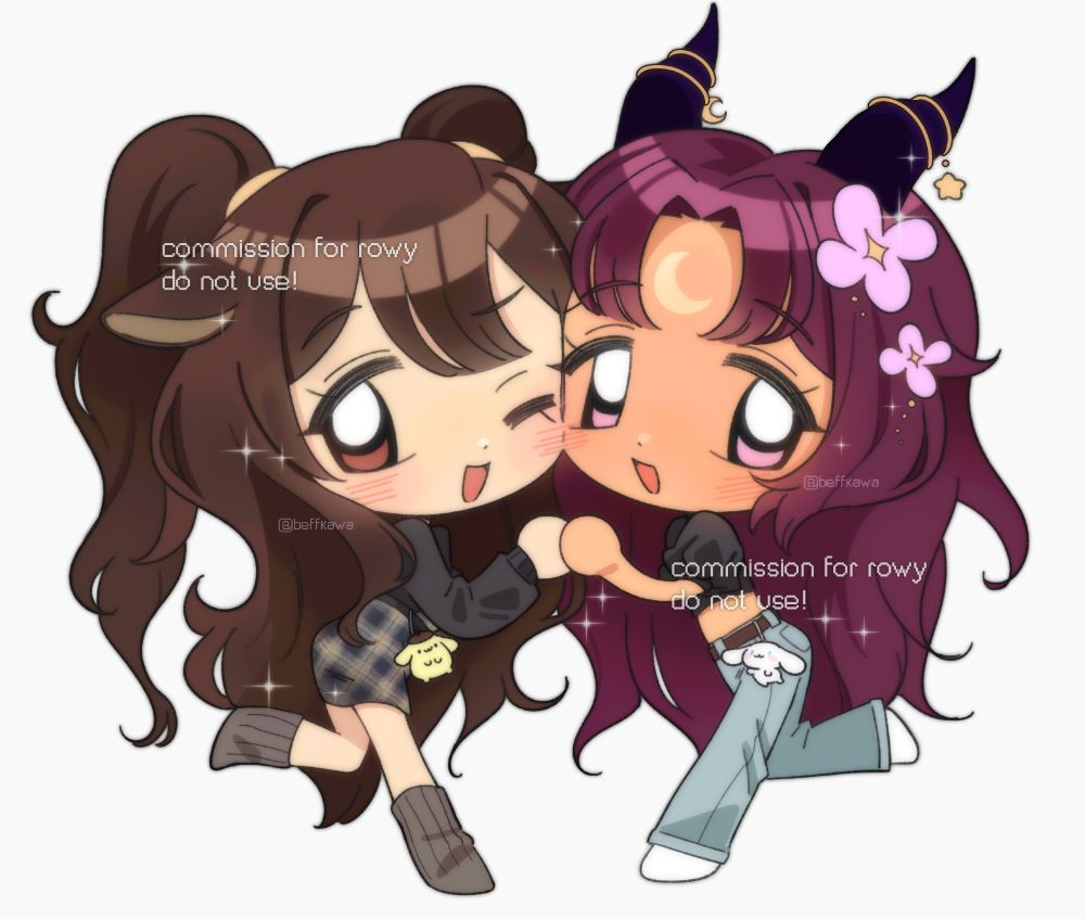 chibi commission of rowy and their friend puffin, cheek to cheek, holding hands with keychains of cinnamoroll and pompompurin.
