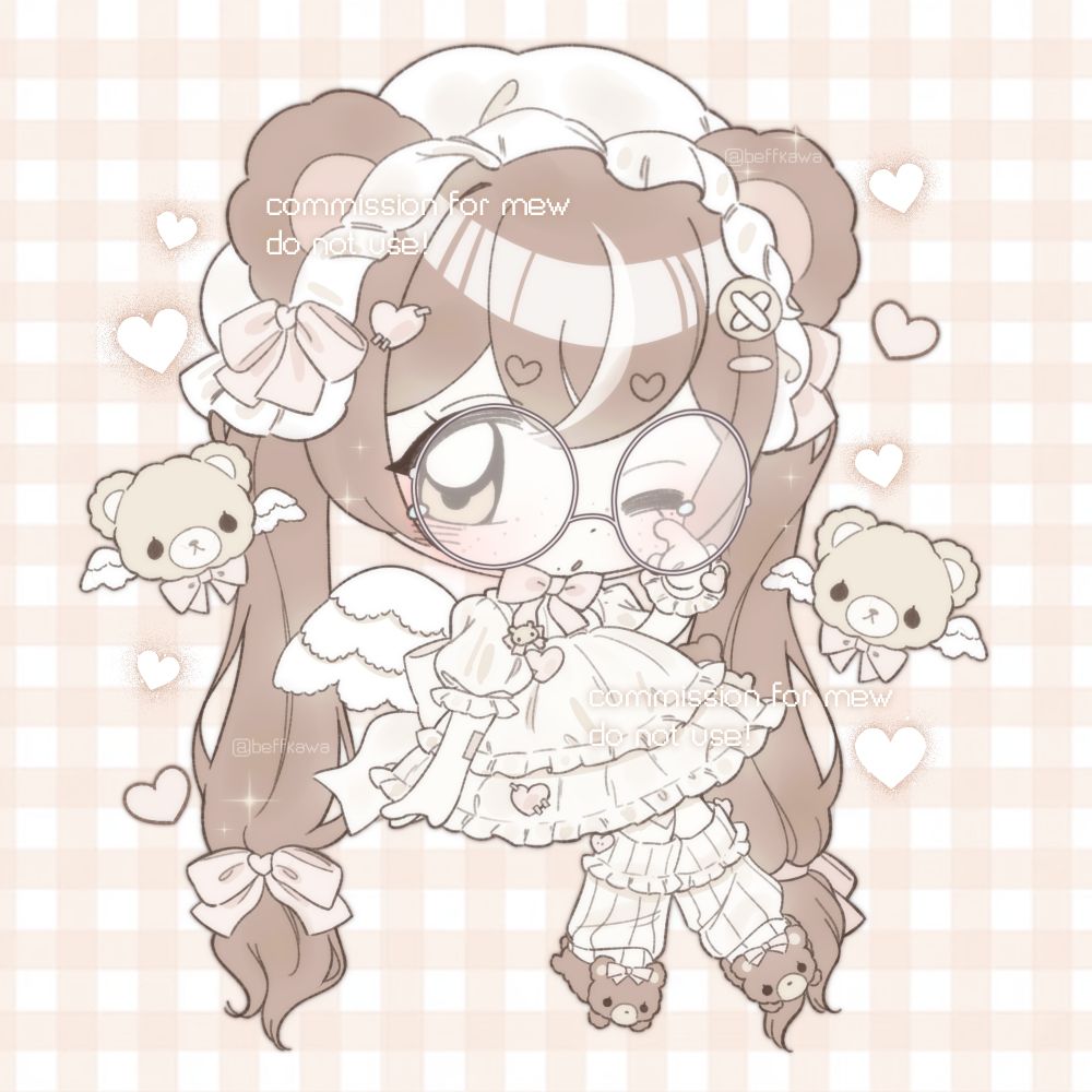 chibi commission of mewwps character, soft brown pastels, teddy bears floating around. Character is a bear with round glasses, frilly white dress with white frilly leg warmers and brown teddy bear slippers