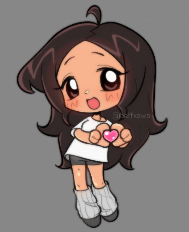 full body chibi of my sona(?) its me but there's nothing different so is that a sona?... anyways im wearing a white shirt, black shorts, gray legwarmers, and black socks, dark brown hair making a heart with my hands and a pink heart in the hands
