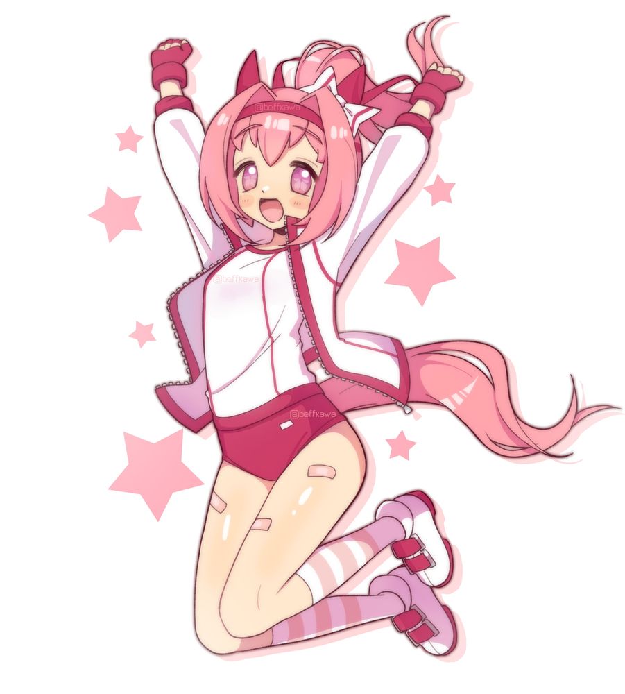 full body drawing of haru urara from umamusume jumping up in the air with salmon pink stars around her