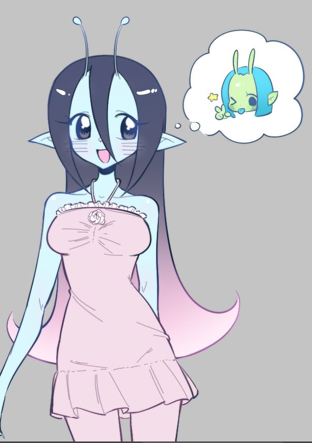 my alien OC luna, facing foward smiling with a thought bubble on her left thinking about allie her gf (nico's oc)