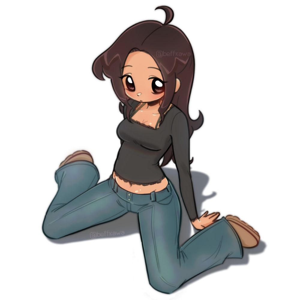 my sona sitting in the w pose on the ground, perspective is looking slightly down on her, I'm wearing a black long sleeved T shirt with a low square neckline, and the neckline, sleeves, and bottom of the shirt is laced. my olive green bra straps are shown, belly is shown. with mid waisted bootcut jeans with while wearing uggs.