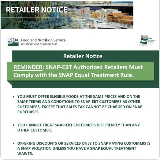 USDA memo to retailers saying stores cannot offer special deals to "snap customers"