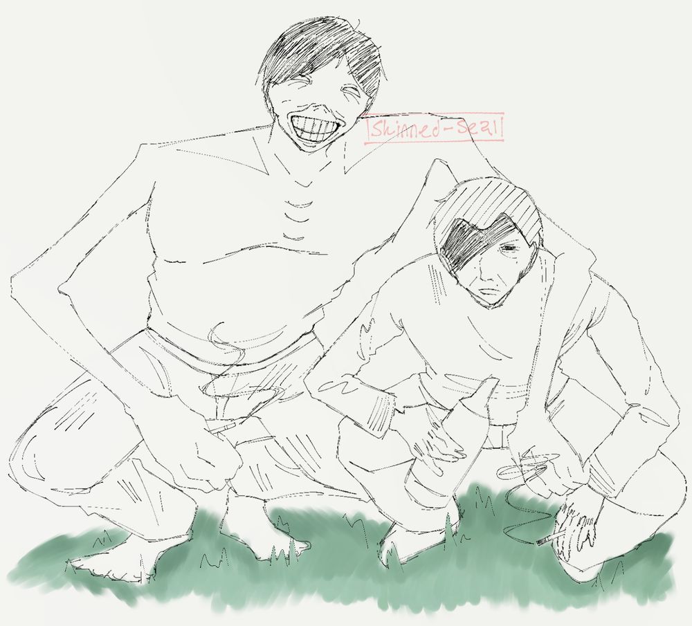 a sketch of the Pale Intruder and Homeowner from "No Im Not A Human" doing a Slavic squat. The Pale Intruder (on the left) has his arm around Homeowners shoulders, smiling wide. He has a cigarette in his left hand. The Home-owner (on the right) has a bottle of alcohol in his left hand and a cigarette in his right hand, while looking seriously/annoyed.