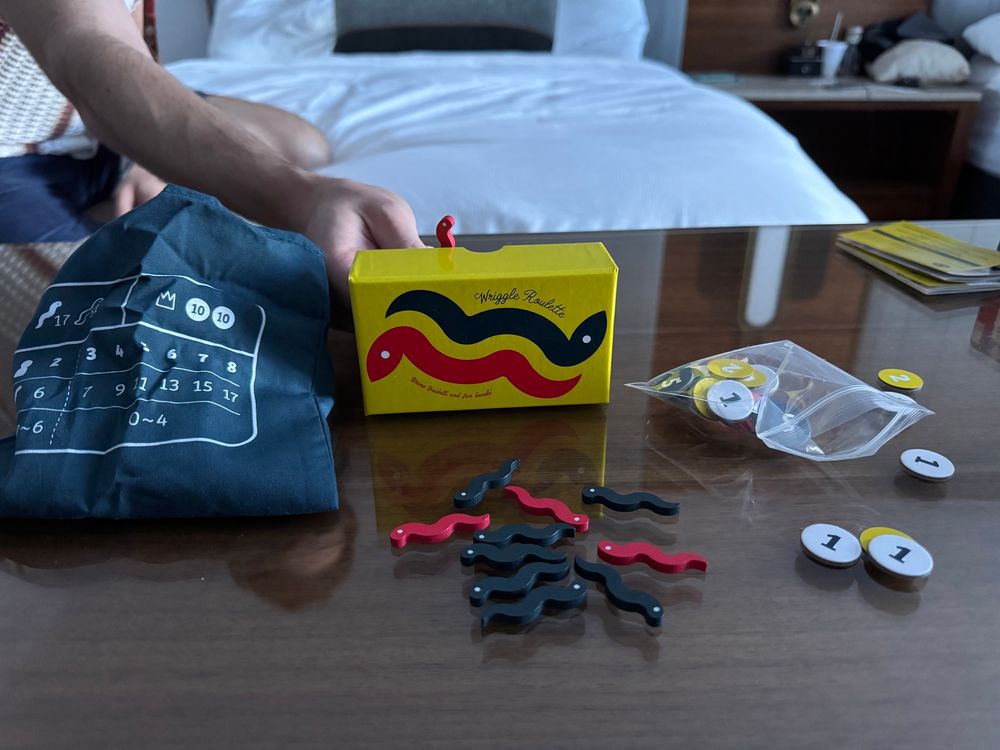 Wriggle Roulette, a game with little wooden eels and snakes.