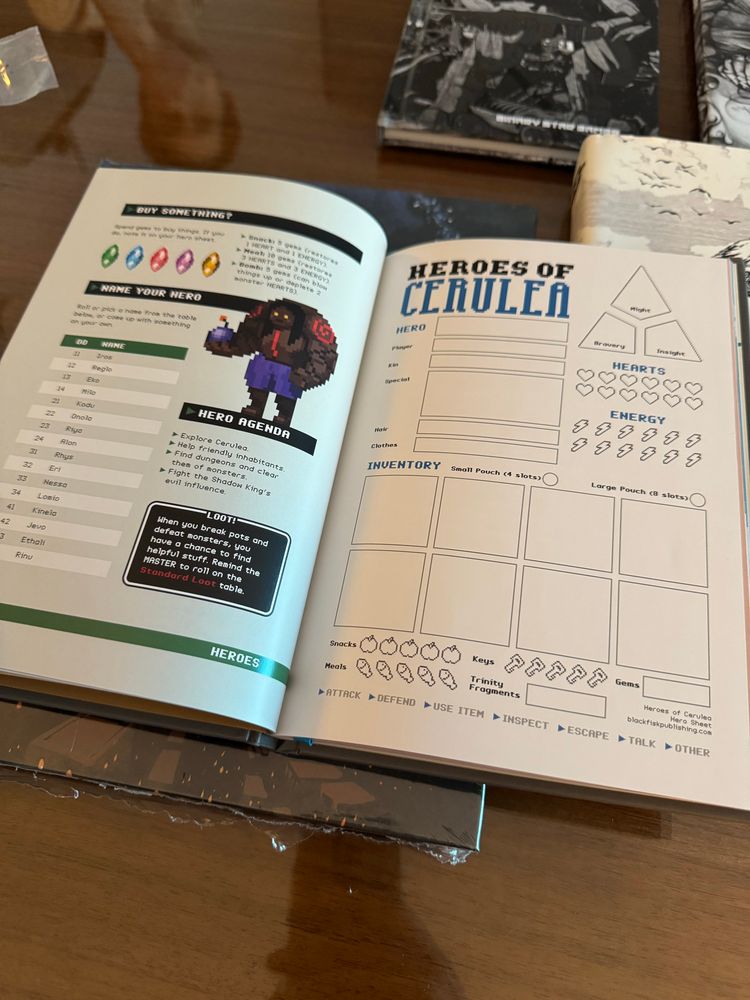 A spread including a character sheet for Heroes of Cerulea! 