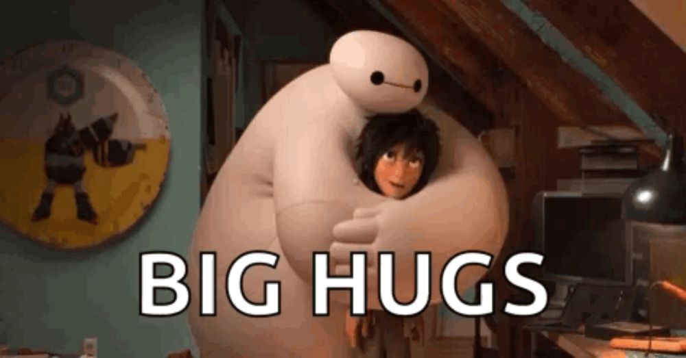 a cartoon character is hugging another character in a room .