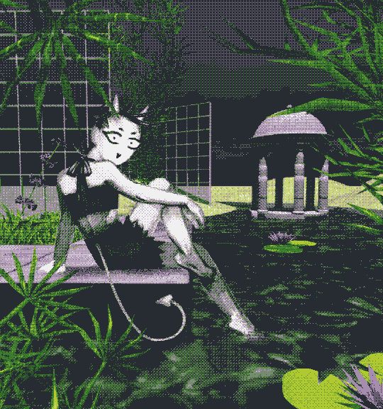A digital illustration of a demon character reclining by a river.