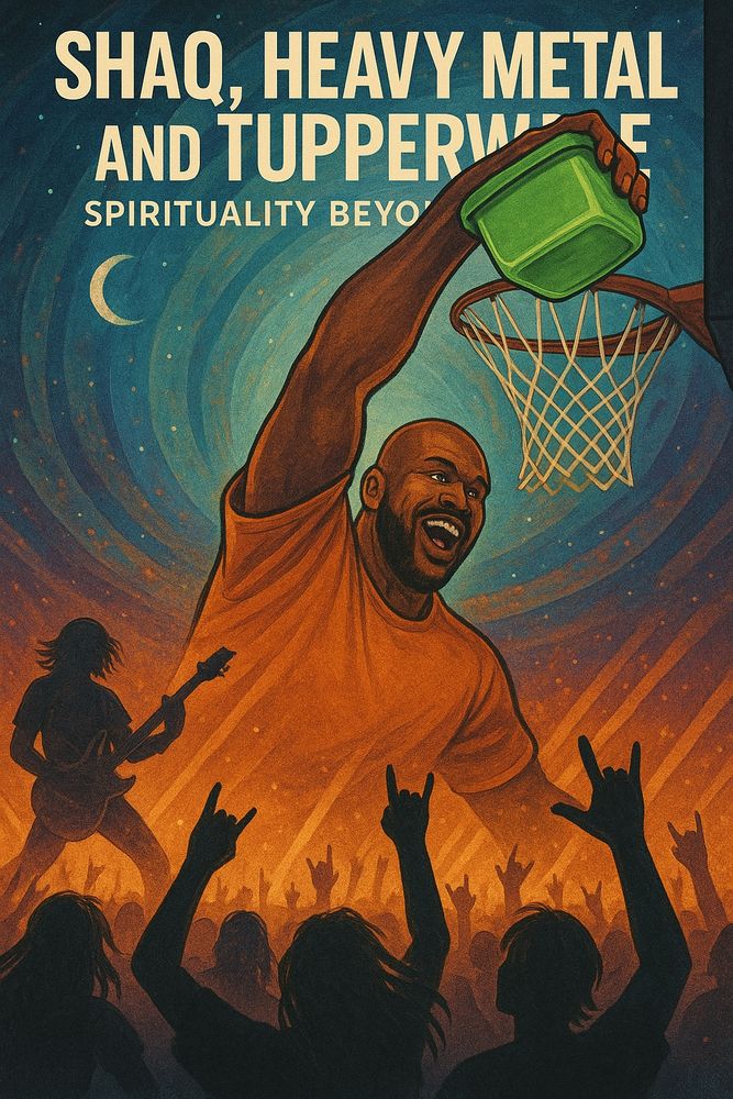 An illustrated poster features a dynamic and surreal collage-style scene. At the center is a caricatured version of Shaquille O’Neal joyfully dunking a bright green Tupperware container through a basketball hoop. Behind him, a swirling cosmic sky with a crescent moon adds a spiritual, psychedelic vibe. In the background, a long-haired heavy metal guitarist shreds on stage while a cheering concert crowd throws up metal hand signs. The bold title at the top reads, “SHAQ, HEAVY METAL AND TUPPERWARE,” followed by the subtitle “Spirituality Beyond…” in smaller text. The image blends pop culture, music, humor, and cosmic spirituality into one eclectic, vibrant design.