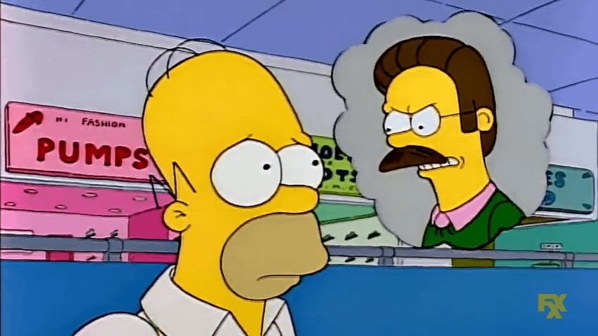 Homer Simpson imagining Ned Flanders telling him to go out and spoil himself.