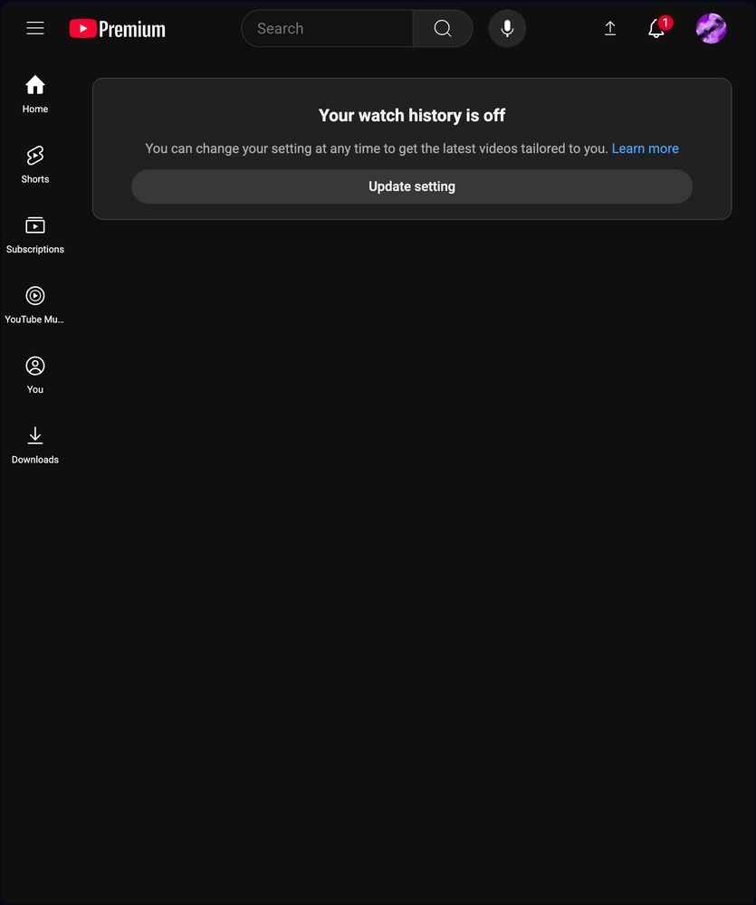 A screenshot of YouTube's home page, completely blank except for the warning reading "Your watch history is off. You can change your setting at any time to get the latest videos tailored to you. Learn more." followed by a button labeled "Update settings"