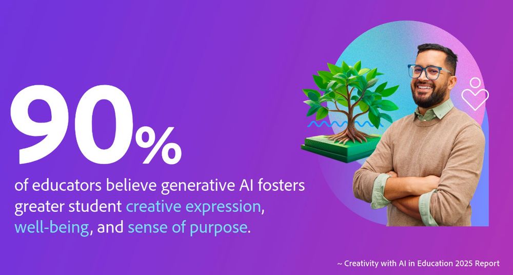 A man standing with arms crossed next to a growing tree. A quote from the Creativity with AI in Education report 2025 is featured “90% of educators believe generative AI fosters greater student creative expression, well-being and sense of purpose.”