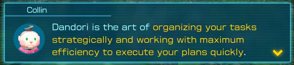 A screenshot from Pikmin 4. The character Collin is saying "Dandori is the art of organizing your tasks strategically and working with maximum efficiency to execute your plans quickly."