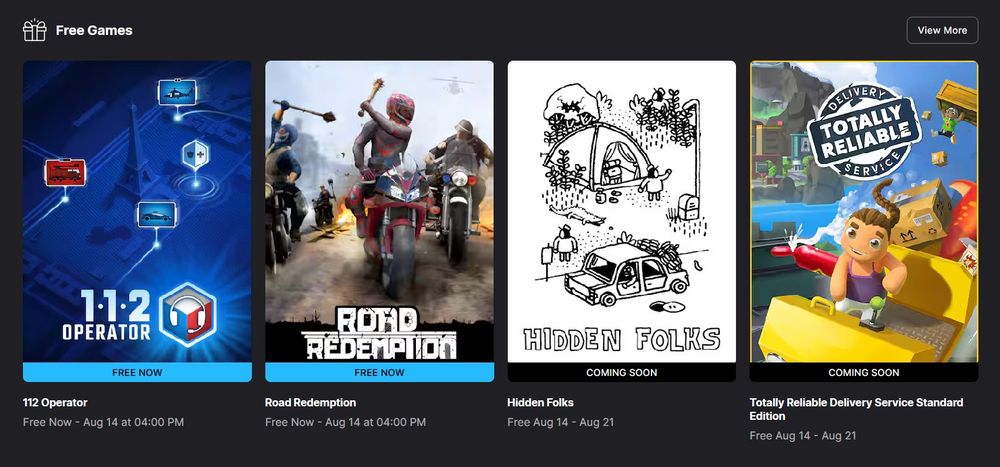Free to grab on Epic for the next few hours - 112 Operator and Road Redemption. Up next - Hidden Folks and Totally Reliable Delivery Service.