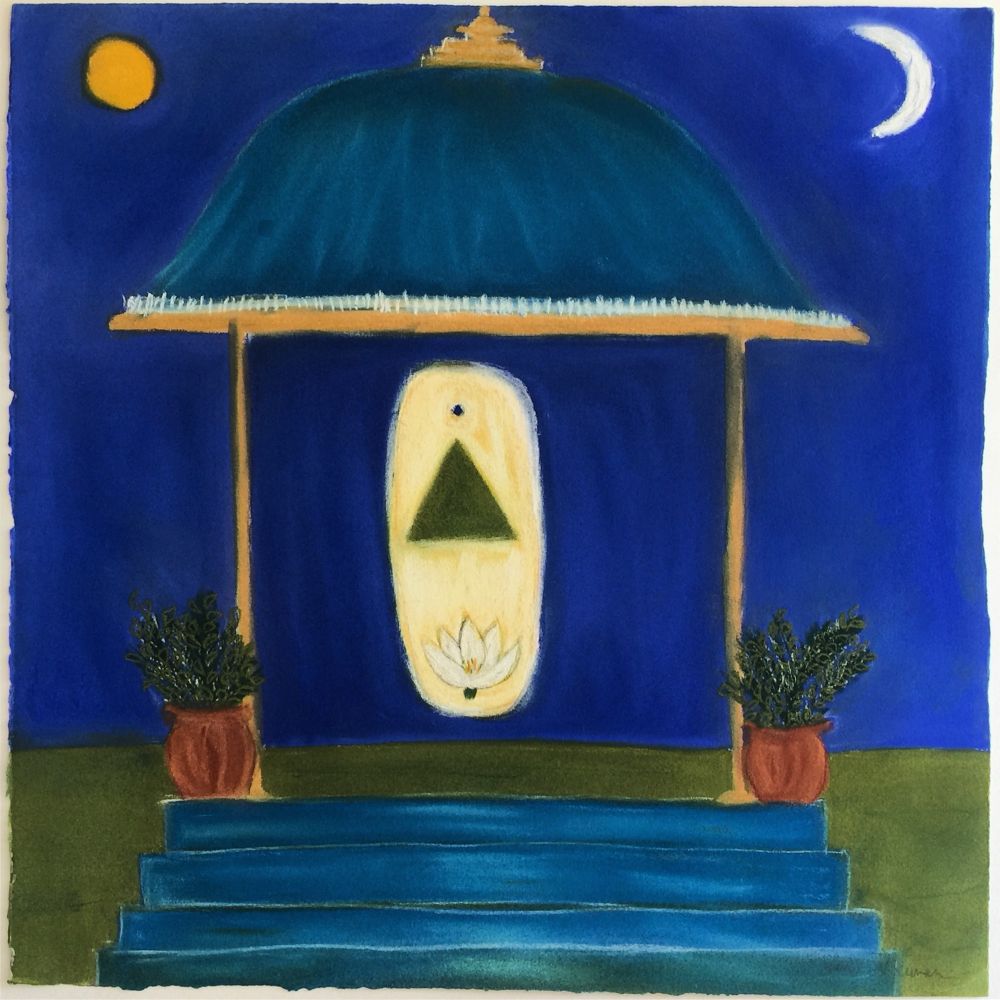 Temple with stairs leading to floating Shiva lingam with lotus flower, bindu dot, upward-pointing triangle. Sun. Crescent moon. Greenery. Blue sky. 