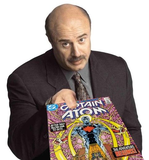 Image of Doctor Phil handing the viewer an L, but edited to have him handing the viewer DC's Captain Atom #1 instead.