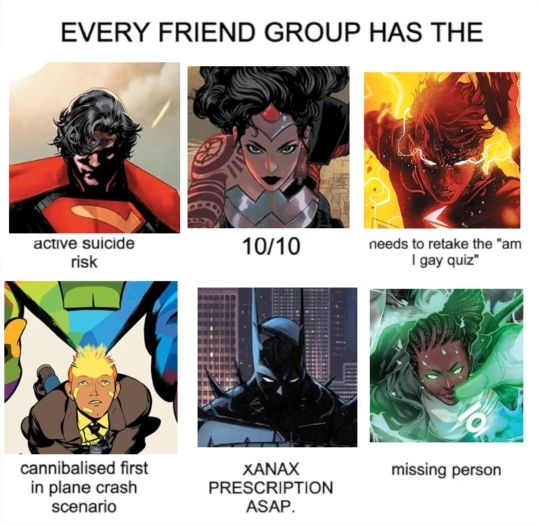 Every friend group has the:
Active suicide risk (Absolute Superman)
Ten out of ten (Absolute Wonder Woman)
Needs to retake the "Am I gay" quiz (Absolute Flash)
Cannibalized first in plane crash scenario (Absolute Martian Manhunter)
Xanax Prescription ASAP (Absolute Batman)
Missing person (Absolute Green Lantern)