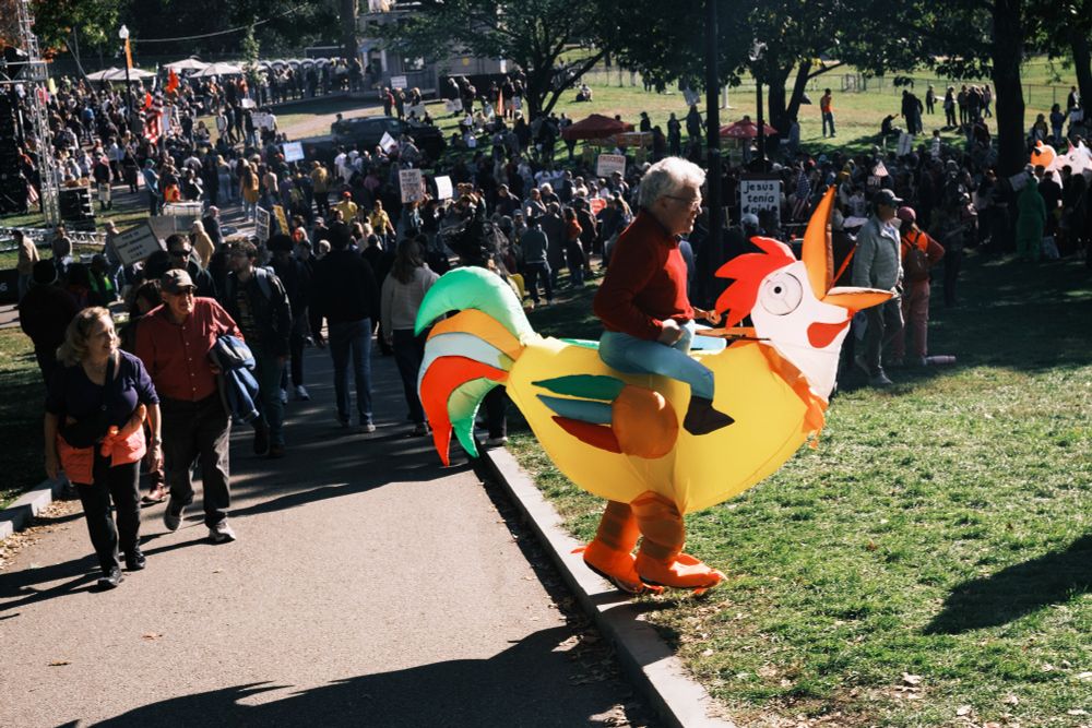 A person in a chicken costume crossing the path