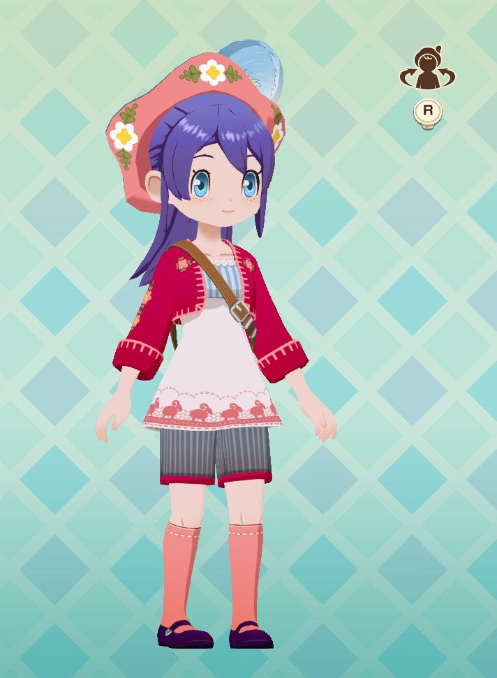 cute girl player character with purple hair and blue eyes in the game story of seasons grand bazaar :>