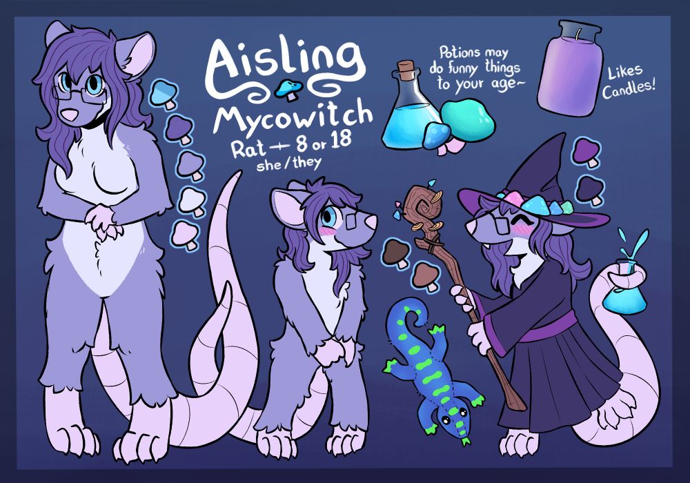 reference sheet of a cute purple anthro rat girl witch who is depicted both big and small :>