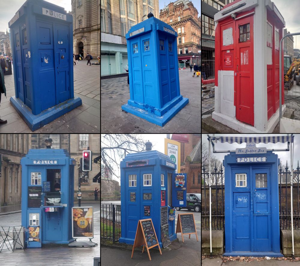 A montage of six police boxes seen around Glasgow city centre. From top left, locations are: Buchanan Street, Sauchiehall Street (near Mackintosh at the Willow), Sauchiehall Street (off West Nile Street),  Wilson Street, Cathedral Square, and Great Western Road (near the Botanic Gardens).
