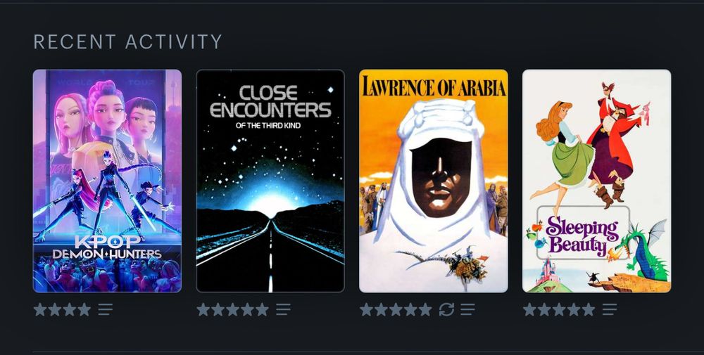 Last Four Films Watched: KPop Demon Hunters, Close Encounters of the Third Kind, Lawrence of Arabia, Sleeping Beauty