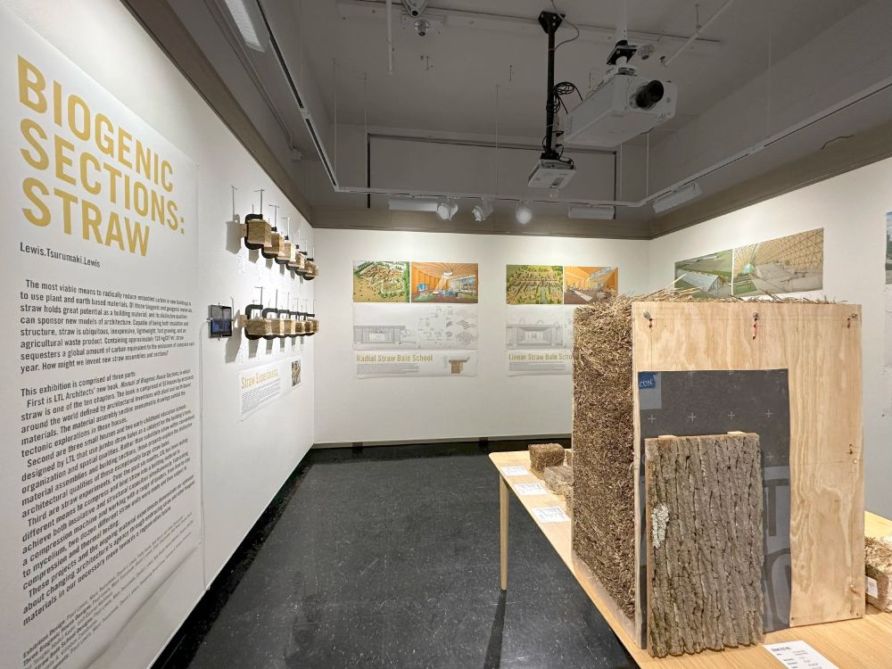 photo of various biogenic sections involving straw. a large sample of straw wall with tree bark external cladding