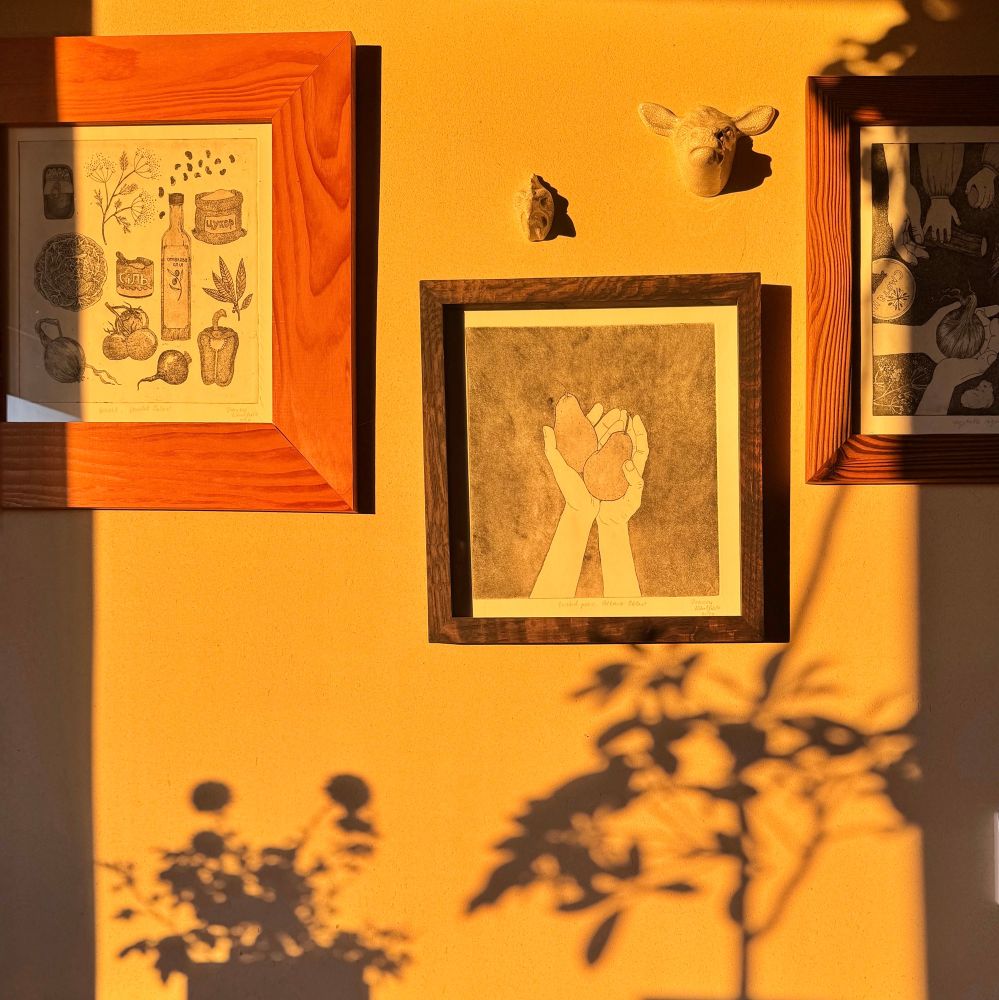 Home interior flooded with warm morning light. Clay plastered walk, framed graphic illustrations and shadows of house plants