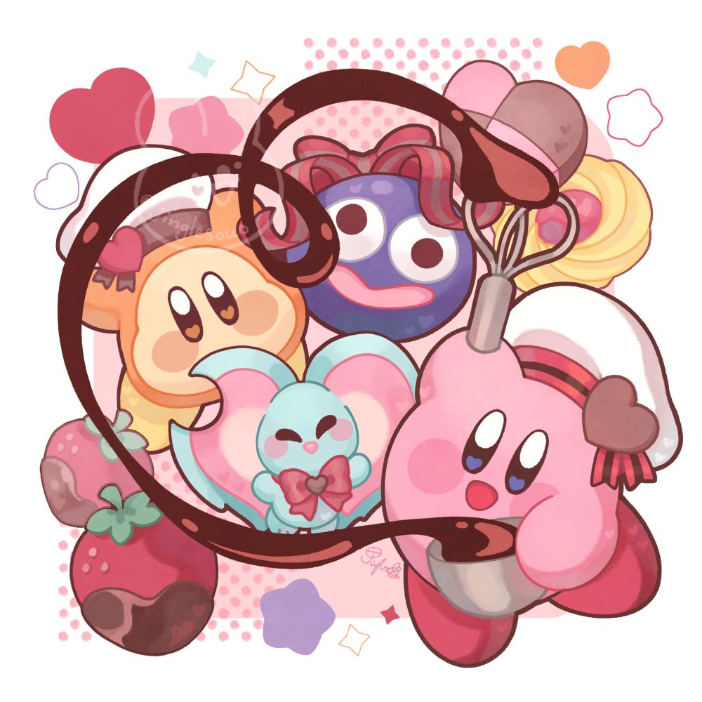 Kirby in a puffy white hat holding a silver bowl full of chocolate. The chocolate is being whisked through the air in a long trail, forming a heart shape. Within the heart shape are Elfilin wearing a bowtie, Waddle Dee with a hat that matches Kirby, and Gooey wearing a big red ribbon on his head. They are surrounded by strawberries, cookies, and stars.