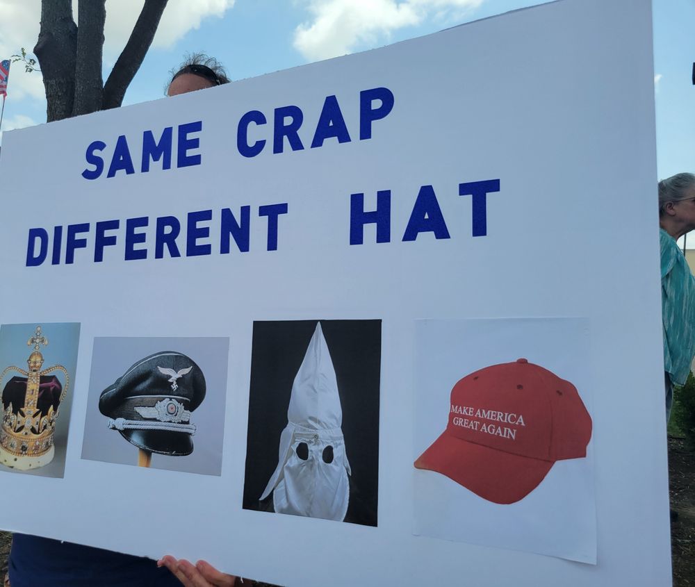 Same hat different crap with crown, nazi hat, kkk hood, and MAGA cap.