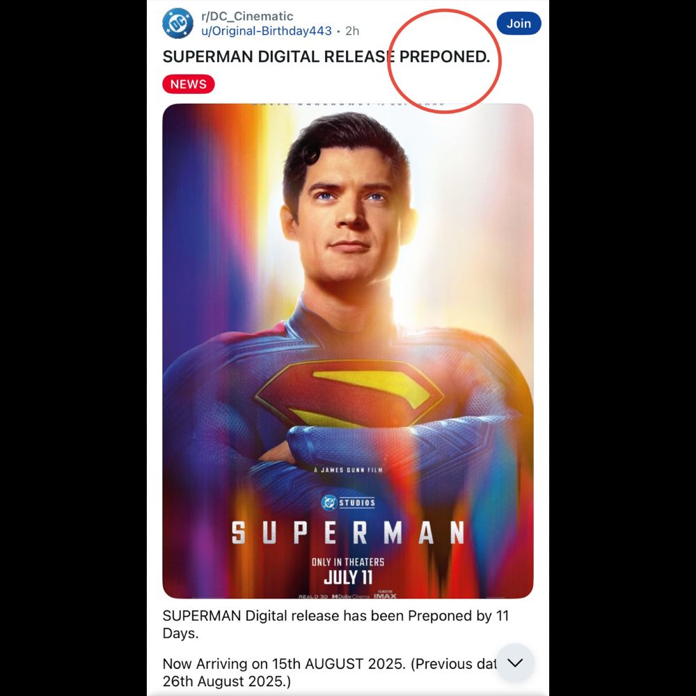 Official Superman poster highlighting new digital release date set for mid-August 2025, ahead of schedule by using the word 'preponed'