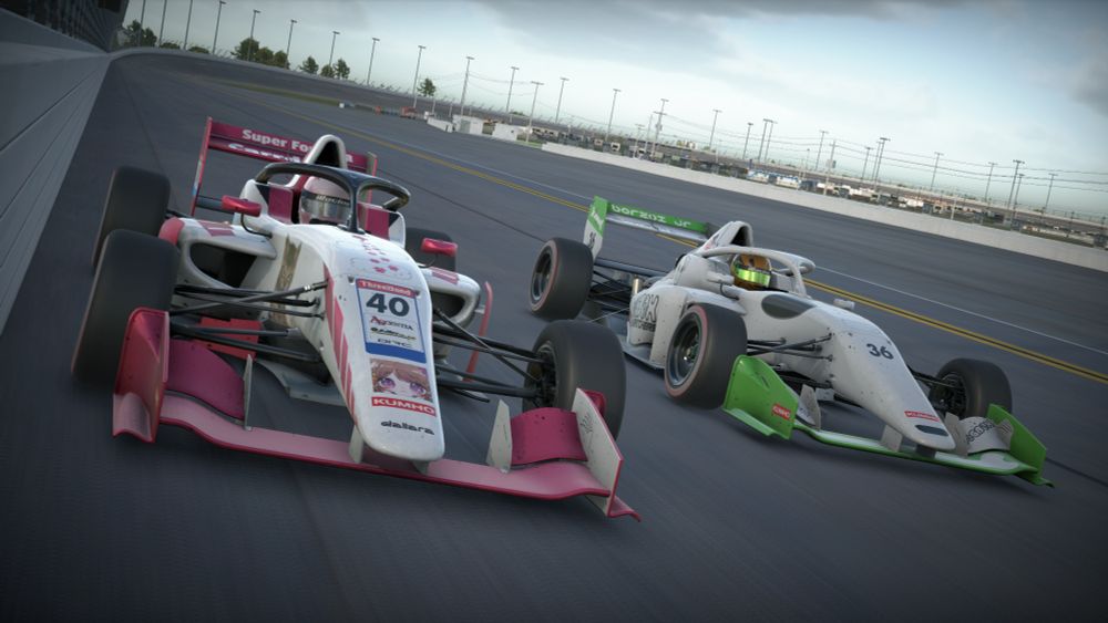 iRacing screenshot of two super formula lights cars racing side-by-side in the backstretch of the Daytona road course layout