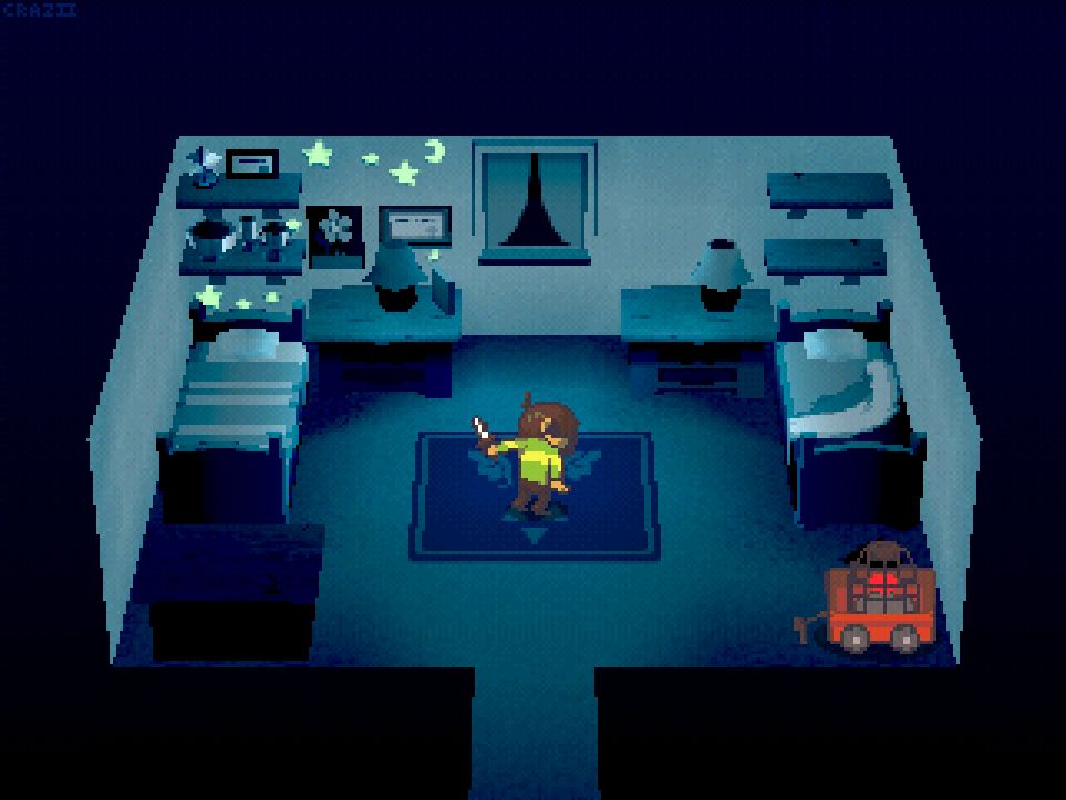 A recreation of Kris's bed room at night time in a low-poly, PS1 esc style. the room is drenched in a dark aqua and blue color scheme except for some glow in the dark stars, a red wagon with a rusty birdcage and red heart in it, and Kris, standing in the center of the room with a knife in their left hand.