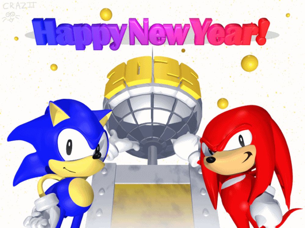 Sonic & Knuckles show off a giant globe with the text "2025" on it. There are balloons in the sky, Faint yellow stars in the back, and on top of the image, it says "Happy New Year!". The image is in a late 90's render style.
